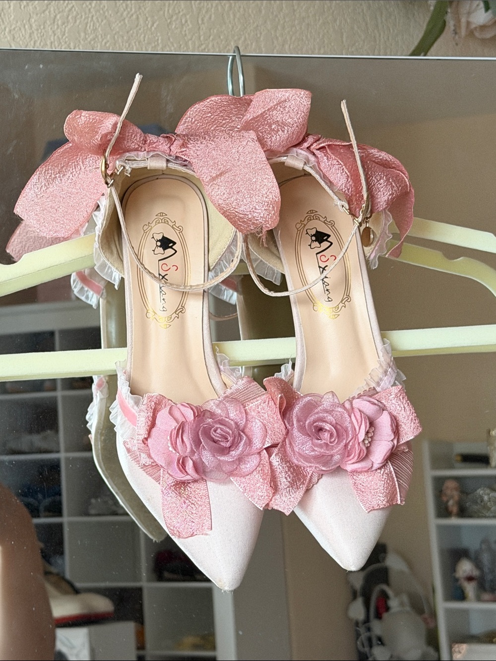 Pink Floral Bow Pointed Toe Lolita Heels - Women Shoes